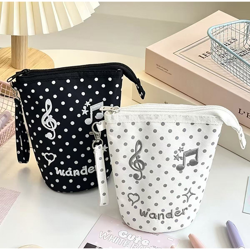 Pencil Case Large - Kawaii Polka Dot Musiknoten-Stickerei Federmäppchen Tragbare
